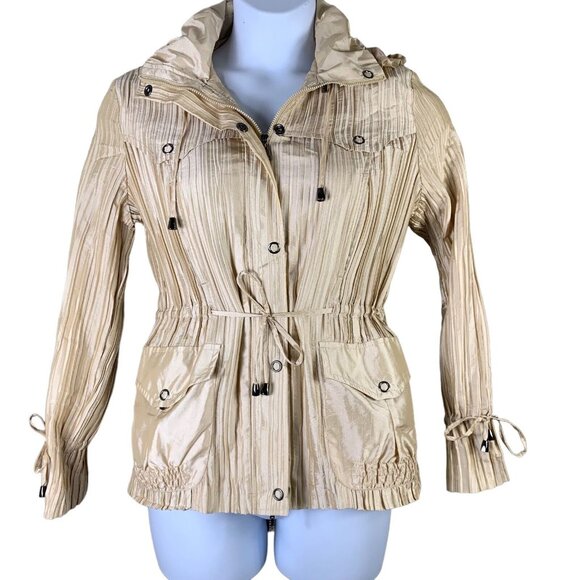 Aria Collection Medium Crinkle Jacket Pleated Accordion Cream Zip Snap Up Hood - Picture 1 of 4